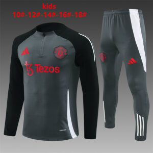 Manchester United 2024-25 Dark Grey Half Zip Long Sleeve Kids Training Kit
