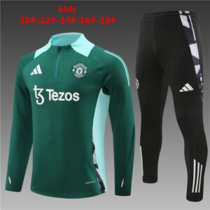 Manchester United 2024-25 Green Half Zip Long Sleeve Kids Training Kit