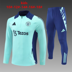 Manchester United 2024-25 Turquoise Blue Half Zip Long Sleeve Kids Training Kit