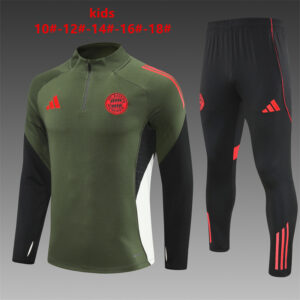 Bayern Munich 2025-26 Green Half Zip Long Sleeve Kids Training Kit