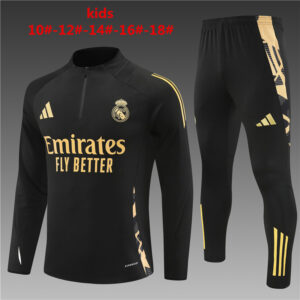 Real Madrid 2024-25 Black Gold Half Zip Long Sleeve Kids Training Kit