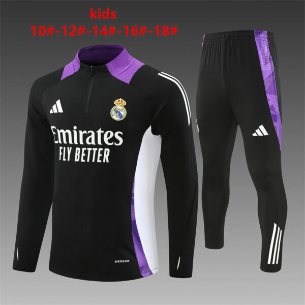Real Madrid 2024-25 Black Purple Half Zip Long Sleeve Kids Training Kit