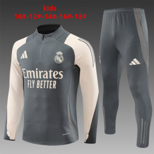 Real Madrid 2024-25 Dark Grey Half Zip Long Sleeve Kids Training Kit