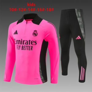 Real Madrid 2024-25 Rose Red Half Zip Long Sleeve Kids Training Kit