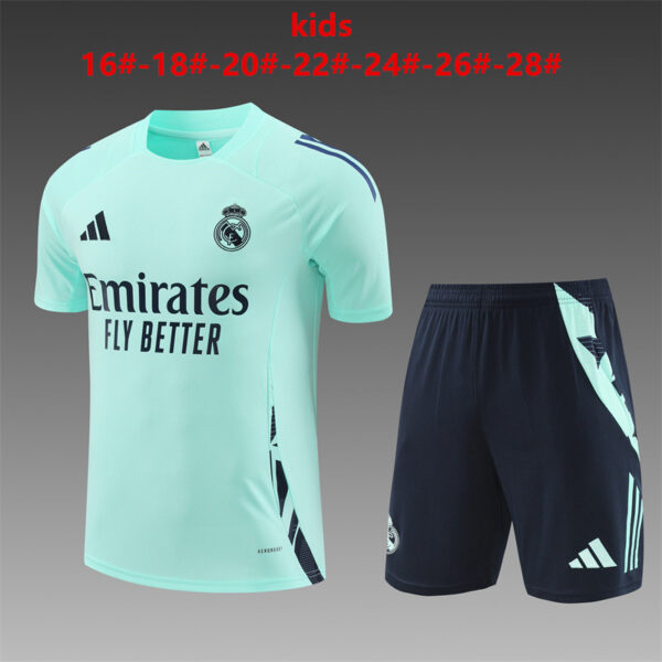 Real Madrid 2024-25 Turquoise Blue Short Sleeve Kids Training Kit