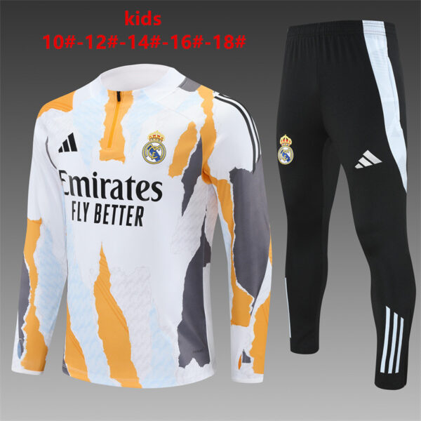 Real Madrid 2024-25 Yellow White (Camo Edition) Half Zip Long Sleeve Kids Training Kit
