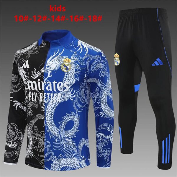 Real Madrid 2025-26 Black Blue Dragon Half Zip Long Sleeve Kids Training Kit