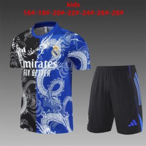 Real Madrid 2025-26 Black Blue Dragon Short Sleeve Kids Training Kit