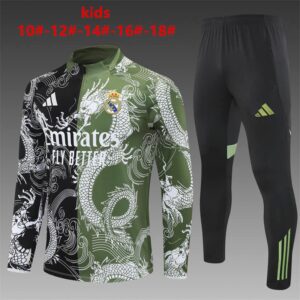 Real Madrid 2025-26 Black Green Dragon Half Zip Long Sleeve Kids Training Kit