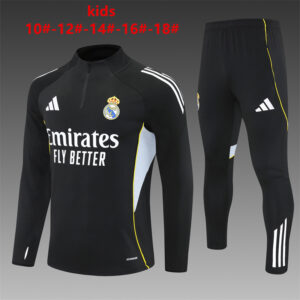 Real Madrid 2025-26 Black Half Zip Long Sleeve Kids Training Kit