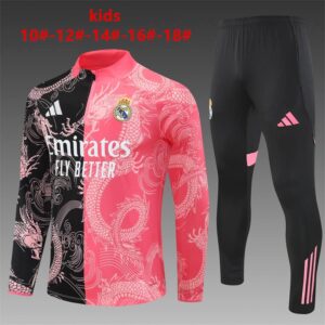 Real Madrid 2025-26 Black Pink Dragon Half Zip Long Sleeve Kids Training Kit