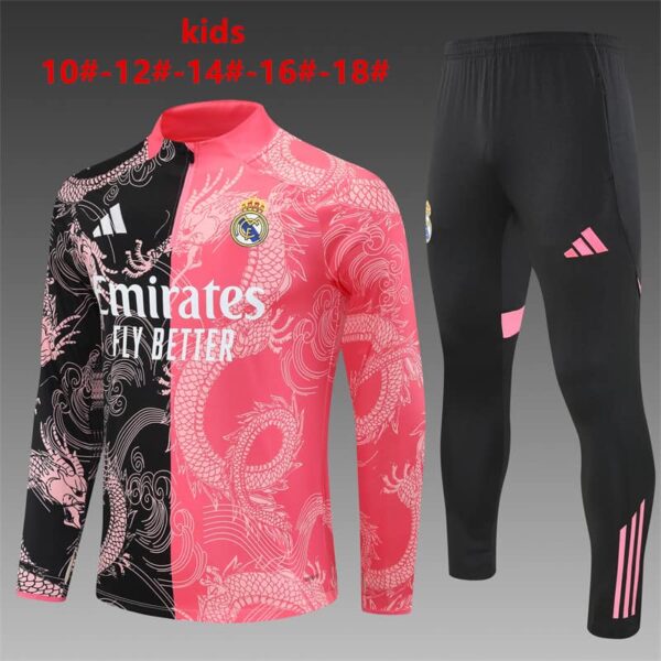 Real Madrid 2025-26 Black Pink Dragon Half Zip Long Sleeve Kids Training Kit