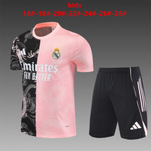 Real Madrid 2025-26 Black Pink Dragon Short Sleeve Kids Training Kit