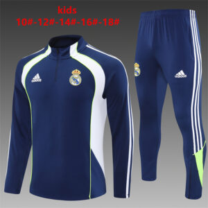 Real Madrid 2025-26 Royal Blue Green Half Zip Long Sleeve Kids Training Kit