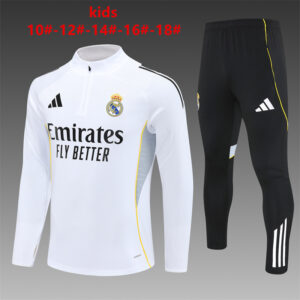 Real Madrid 2025-26 White Half Zip Long Sleeve Kids Training Kit
