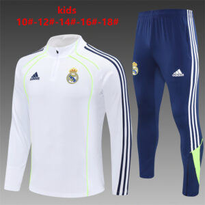 Real Madrid 2025-26 White Navy Green Half Zip Long Sleeve Kids Training Kit