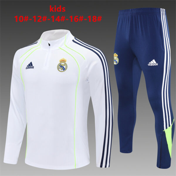 Real Madrid 2025-26 White Navy Green Half Zip Long Sleeve Kids Training Kit