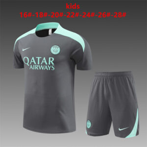 PSG 2024-25 Dark Grey Light Blue Short Sleeve Kids Training Kit