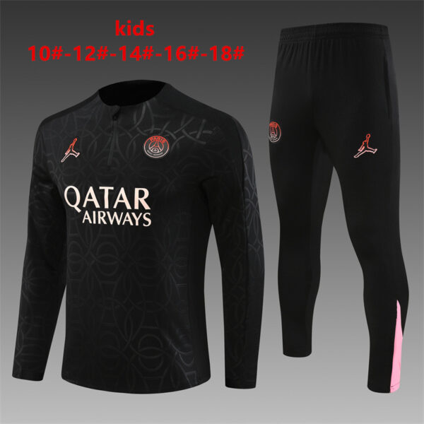 PSG Jordan 2024-25 Black (Embossed Edition) Half Zip Long Sleeve Kids Training Kit